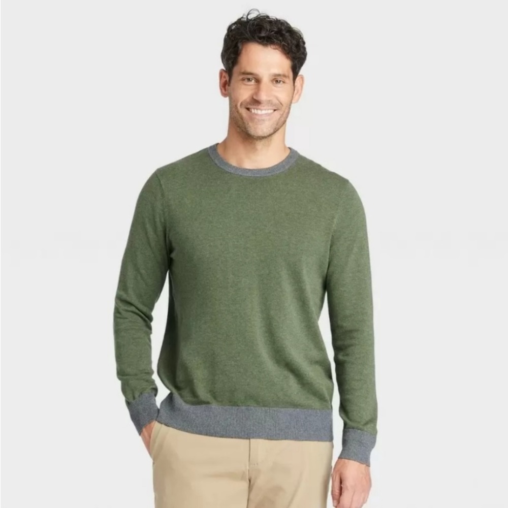New! Goodfellow Men's Long Sleeve CrewNeck PulloverSweater Green/Gray 100%Cotton